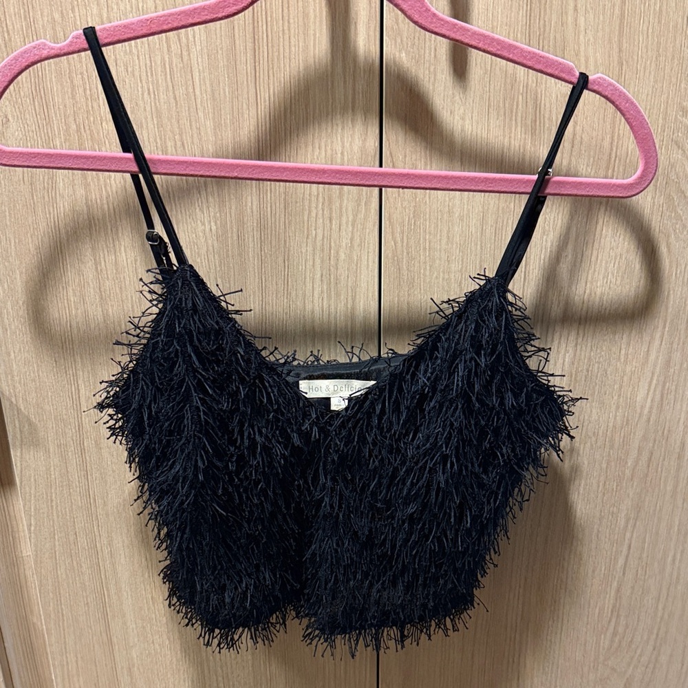 Hot & Delicious Black Feather-Trim Spaghetti Strap Crop Top